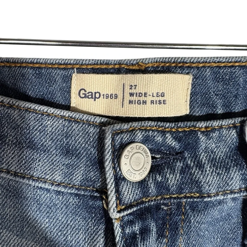GAP Classic Blue Women 27 High Rise Wide-Leg Jeans 100% Cotton Boho Frayed Hem - Picture 5 of 7